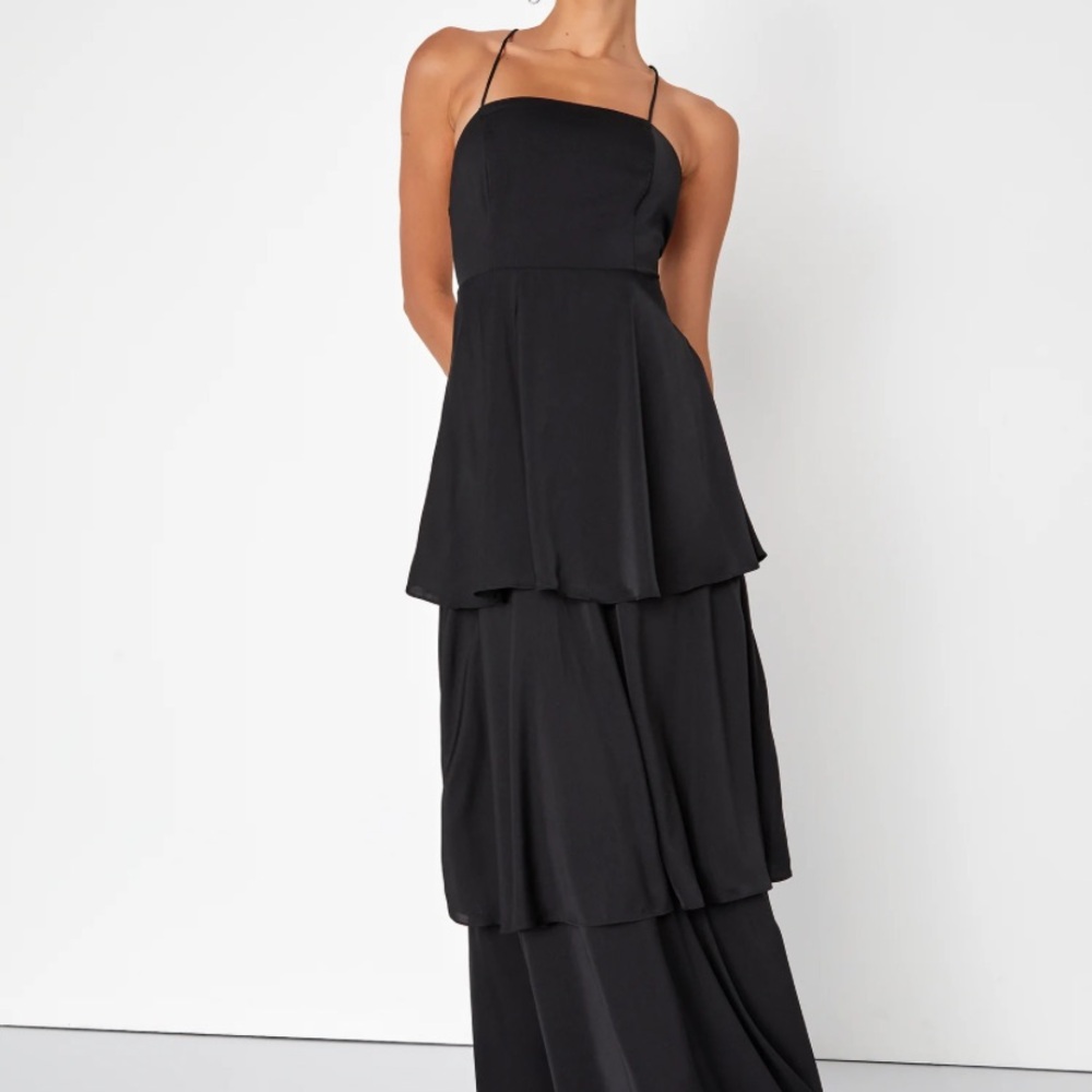Enchantingly Lovely Black Tiered Lace-Up Maxi Dress